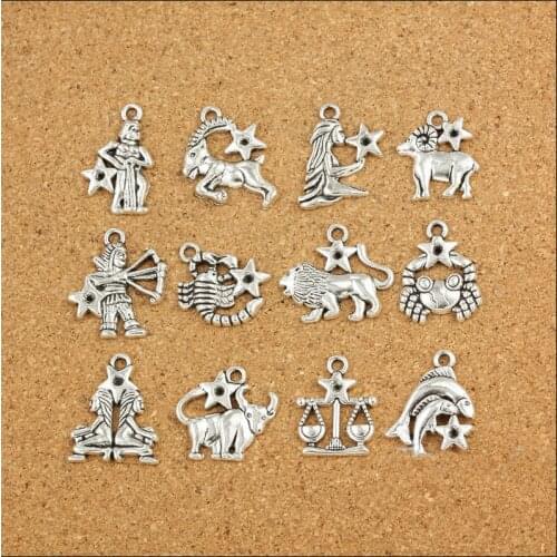 High Quality 120 Pieces(10 sets)/Lot 22mm*20mm Antique Silver Plated Small Zodiac Charms For Jewelry Making Factory Wholesale