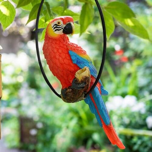 Simulation Parrot Statue Perching on Metal Ring Handmade Resin Crafts Home Balcony Garden Yard Hanging Bird Sculpture Ornaments