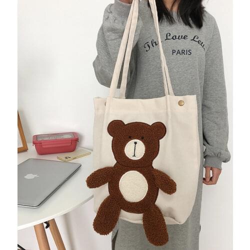 Winter Corduroy Cute Bear Women Shoulder Bag Vintage Embroidery Ladies Shopping Bags Girls Student Book Handbags Casual Tote