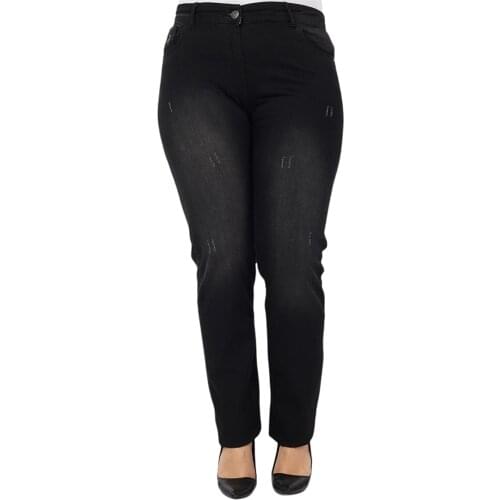 Hanezza Plus Size Women Fashion 2021 Summer Clothing Ripped High Rise Full-Length Elegant Denim Trousers + 2XL - 7XL + Large Size Highly Seasonal Chic Jeans + 44 - 54 EU Streetwear Female Plus Body Type Black