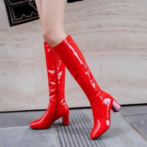 Large Size 34-45 Autumn Winter New Women Knee High Boots Woman Fashion Zip High Heels Shoes Patent Leather Bota Chaussures Femme