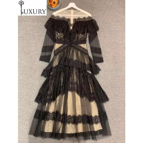 2020 New Top Quality Autumn Women Tulle Mesh Patchwork Long Sleeve Sexy Black Red Lace Maxi Dress Vestidos
