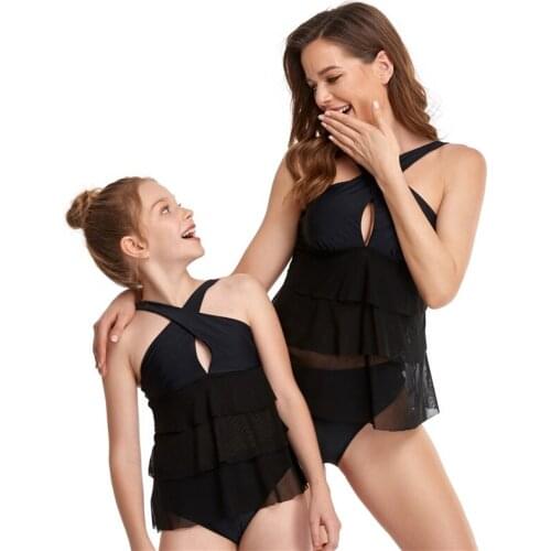 2 Pcs Parent-child Outfit Solid Color See-through Tie-Up Cross Halter Mesh Tops + Triangle Panties Family Bikinis Set 2021 Swim