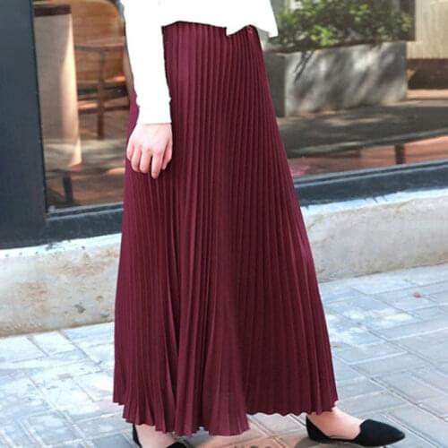 Pleated Large Swing Skirts Women 2020 Solid Color Autumn Summer Elasticity Midi Skirt Elegant High Waist Pleated Skirts Feminino