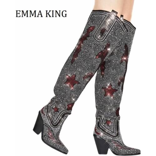 2020 Fall Winter Rhinestone Cowboy Boots Western Chunky Heel Thigh High Boots Pointed Toe Star Patterning Bling Botas De Mujer