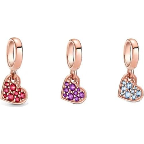 2021 Mothers Day Pave Tilted Heart Dangle Charms Fit 925 Sterling Silver Beads Bracelet Pendant Necklaces DIY Jewelry For Women