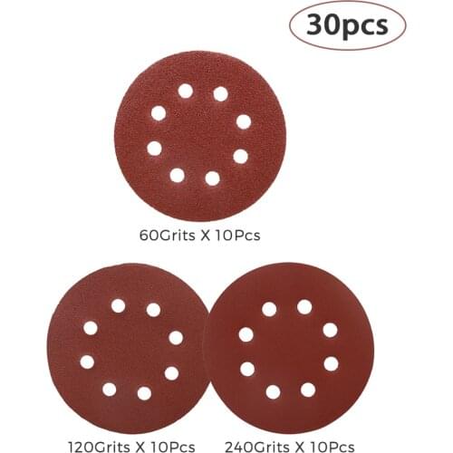 30pcs 5 Inch 8 Holes Abrasive Sanding Discs Sanding Paper 60/120/240 Grit Sand Paper for Hard/Soft NEW