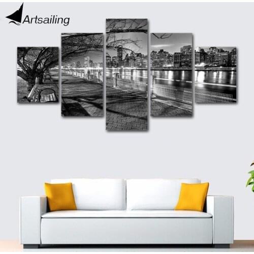ArtSailing 5 Piece canvas painting Black and white night street view art wall Home Decoration For Living Room HD Prints Poster