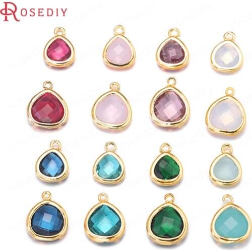 B078)4 pieces 8x11mm 10x13mm 24K Champagne Gold Color Brass +Colourful Glass Triangle Charms Pendants Jewelry Accessories