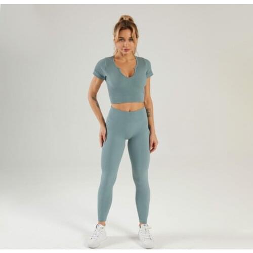 Seamless Yoga Set Women Sexy U-neck Sport Leggings Top Push-up Short Sleeve Workout Sportwear Gym Elastic Fitness Tracksuit