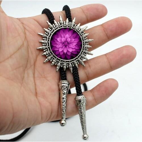 BOLO-0026 New Arrival Mandala Flower Western Bolo Tie Round Glass Dome Meditation Flower of Life Necklace for Christmas Gift