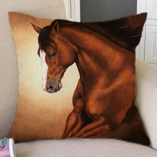 18" Brown Horse Oil Painting Art Sofa Throw Pillow Case Cotton Linen Animals Home Decorative Cushion Cover Case Concealed Zipper