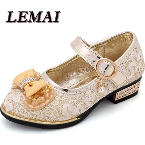 LEMAI Children Leather Shoes Fashion Lace Bead Bowtie Low Heel Shoes Spring Kids Girls Princess Performance Shoes Size 26-36