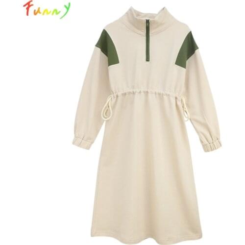 6 to 16 Years Solid Drawstring Mid-Calf Kids Dresses for Girls Casual Cotton Long Sleeve Autumn Dress Childrens Costume Teenage