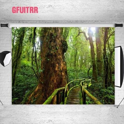 GFUITRR Green Forest Photography Backdrops Natural Scenery Photo Backgrounds Giant Trees Wooden Bridge Decor Bannner Photo Props