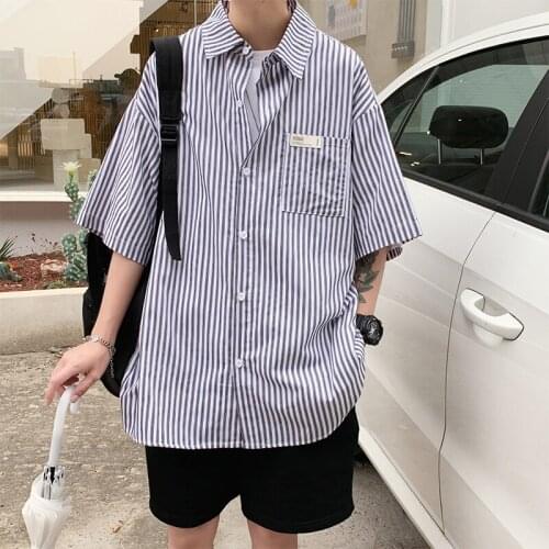 Rocking k Summer Stripe Shirt Mens Korean fashion ins short sleeve shirt mens BF Harajuku handsome top loose casual coat 2021
