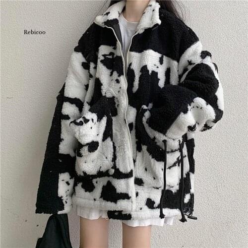 Lambswool Coats For Women Cow Print Jacket Streetwear Zipper Casual Warm Autumn Winter Harajuku Coat Female