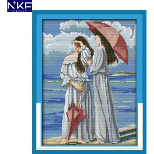 NKF Watching the sea figure style handcraft needlepoint kits counted cross stitch sets for home decoration