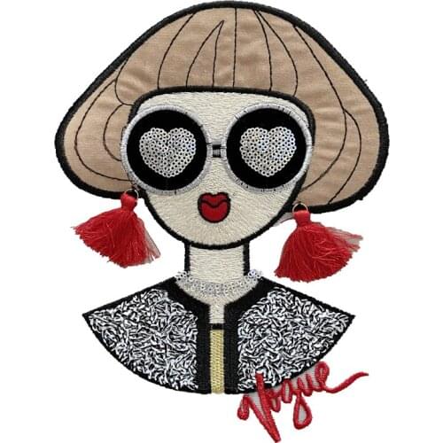 2020 New Fashion Glasses Girl Embroidered Pathes Iron on Modern Lady Sequines Patches for Clothes 1 piece