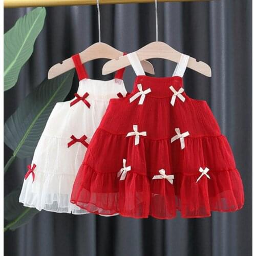 New 2021 Baby Girl Princess Clothes White Red Chiffon Tutu Cute Shoulder Straps Dresses Summer Toddler Kids Christmas Clothing