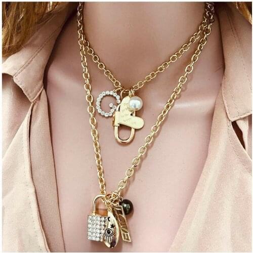 Big multi-layer crystal Key Heart Pearl charm necklaces and pendants for women Vintage gold choker necklace