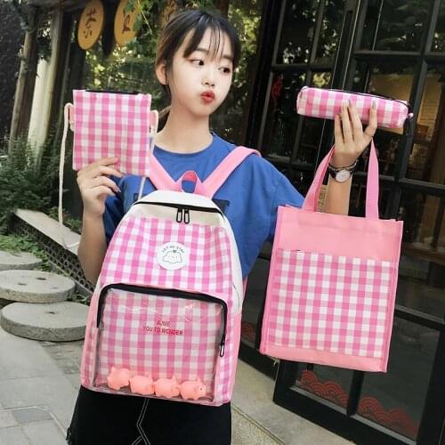 4 Pcs Set Lattice Women Laptop Backpack Canvas School Bags For Teenage Girls Kawaii College Student Book Bag Rucksack