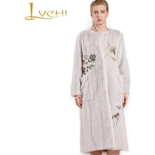 LVCHI Winter 2019 Real Mink Fur Coats Womens Long Sleeve Slim Beading O-Neck Import Pocket Velvet X-Long Office Lady Mink Coats