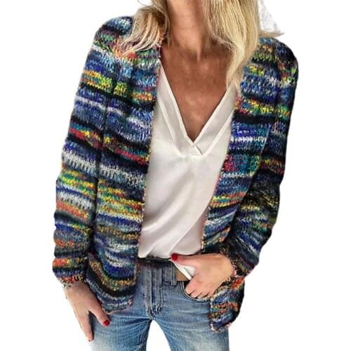 Women Sweater Rainbow Stripes Temperament Autumn Winter Long Sleeve Knitted Cardigan Coat for Office