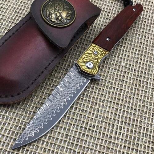 High quality VG10 Damascus Tactical Folding knife Sandalwood + Brass Handle Bearing Hunting Survival Pocket Knives Outdoor Tools