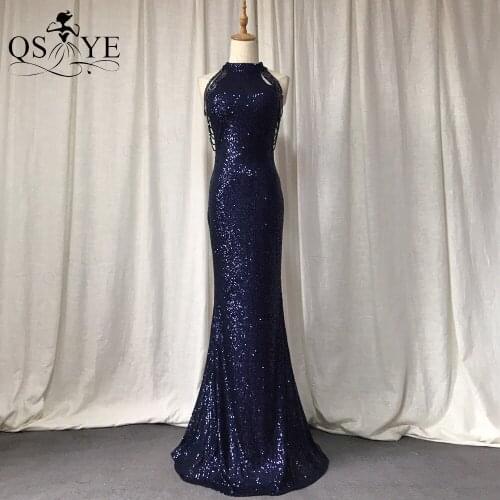 QSYYE Navy Evening Dresses Mermaid Sexy High Neck Beadings Crystals Evening Gown Fish Tail Elegant Party Dress Off The Shoulder