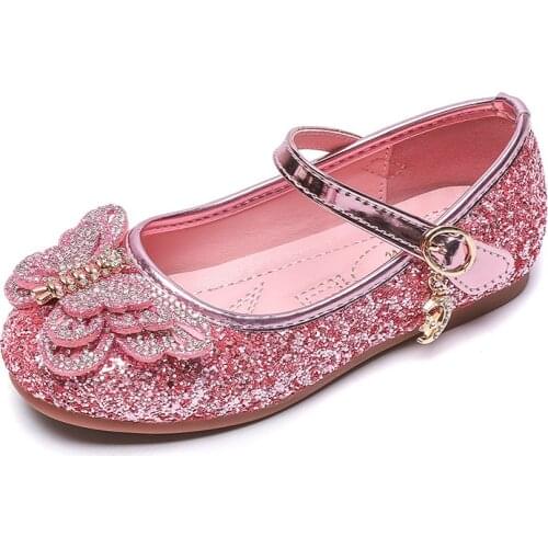 2020 New Girls Princess Shoes Children Crystal Soft Sole Non-slip Sweet Flats for Party Sweet Butterfly-knot Sequined Hot Shoes