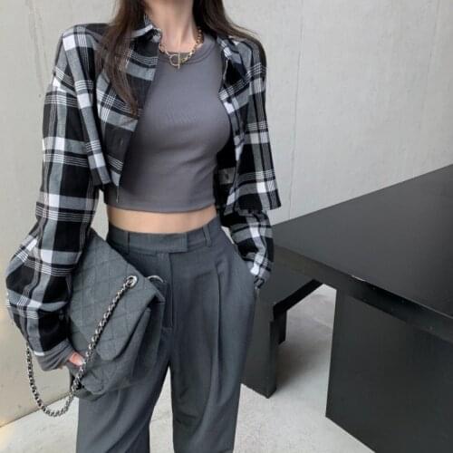 ZHISILAO Crop Tops Short Plaid Shirt Women Harajuku Lattice Black Long Sleeve Blouse Summer 2021 Tops Vintage Shirts Streetwear