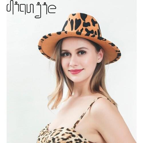2021 winter fedora hats for women fashion Flat wide Brim Panama Wool Felt Jazz Fedora Hats for men Cow pattern top wedding Hat