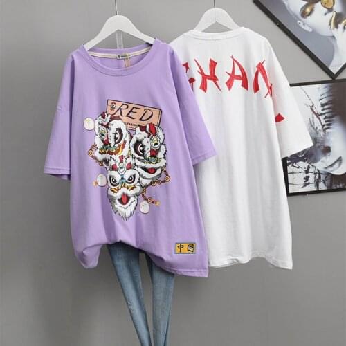 2021 Chinese Style Ins Lion Dance Print Short Sleeved T-shirt Women Summer Korean Oversize Thin Loose T-shirt Tide Free Shipping