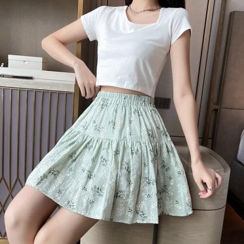 3 Colors Womens Cotton and Linen Fabric Floral Skirt 2021 Summer New Fashion Casual Small Fresh Maiden High Waist Short Skirt
