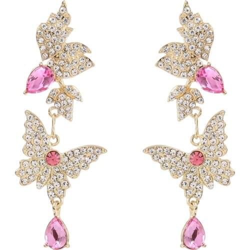 Pink Crystal Butterfly Women Fashion Dangle Earrings Jewelry Hot Sale Trendy Girls' Statement Earrings Accessories