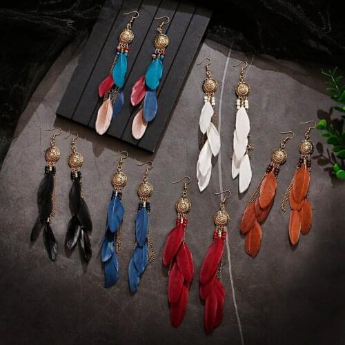 2020 Womens Corful Boho Feather Earrings Summer Jewelry Brincos Bijoux Vintage Bohemia Long Chain&Leaf Tassel Beaded Earrings