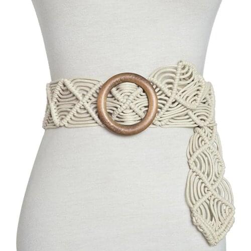 Women Belt Fashion Retro Round Wooden Buckle Handmade Braided Women Waistband Waist Strap Belt
