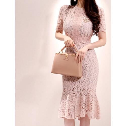 Elegant korean version summer pencil dress sexy short sleeve high waist temperament lace dresses slim hips office lady dresses