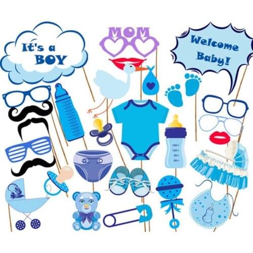 27Pcs Baby Shower Decoration Newborn Its A Boy Girl Photo Booth Props Birthday Blue Pink Baptism PhotoBooth Party Supplies