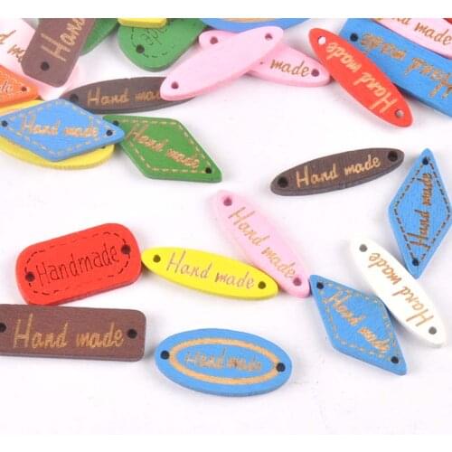 50Pcs Mixed Shape Colorful Tags Wood Crafts DIY Scrapbookings Wooden Button "Hand Made" Clothes Sewing Accessories m1868