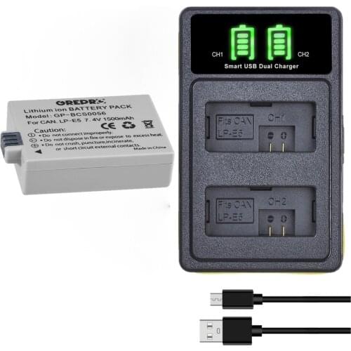 1500mAh LP-E5 LP E5 Battery + Dual Charger with Type-c and Build-in USB for Canon EOS 450D 500D 1000D, Kiss X3, Kiss X2
