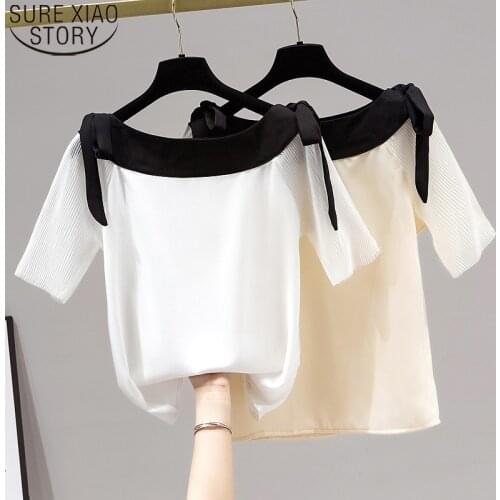 New Shirts Short Sleeve Solid White Apricot Sweet Chiffon Blouse Women Summer Tops O-neck Fashion Lace-up Blouses Clothes 14846