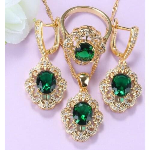 Flower Costume Green Cubic Zirconia Wedding Ring Earring And Necklace Gold Color Bridal Jewelry Sets