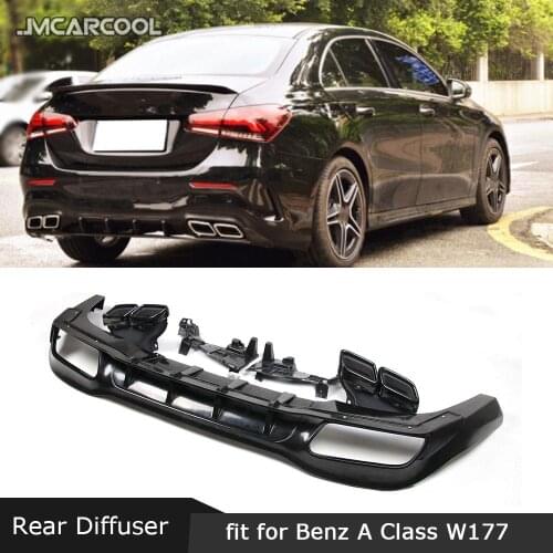 For Mercedes Benz A Class W177 A35 2019 2020 Rear Lip Diffuser PP Fins Shark Style Skid Plate Stainless Steel Exhaust Tip