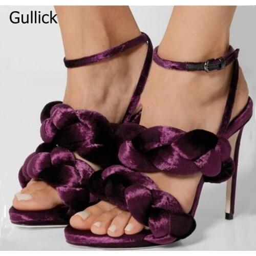 Gullick 2018 New Fashion High Heels Sandals Women Sexy Velvet Open Toe Buckle Shoes Female Weave Elegan Pumps Heels Real Photos