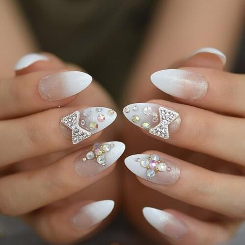 Bowtie Fake Diamond Rhinestone Decoration Nails Medium-Short Almond Sharp White Fadeing EchiQ Nails Tip Fingernails Supplies