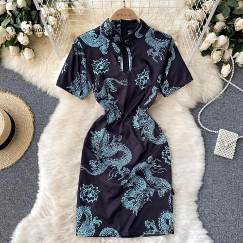 YuooMuoo Summer Dress 2021 Vintage Chinese Dragon Print Cheongsam Dress Fashion Y2K Bodycon Party Dress Sexy Halter Mini Dress
