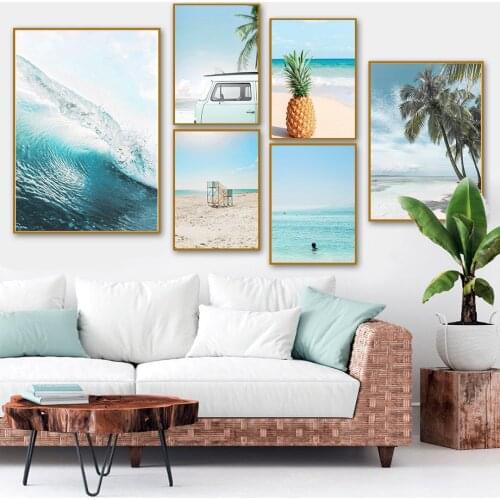 Sea Beach Car Coconut Tree Pineapple Wave Wall Art Canvas Painting Nordic Posters And Prints Wall Pictures For Living Room Decor