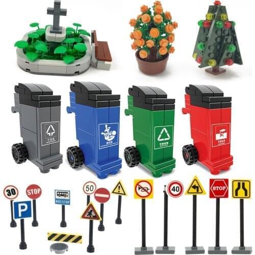 City MOC Sets Blocks Compatible Traffic Sign Entry Parking Accessories Limit Speed Educational Trash Can Building Bricks Toys